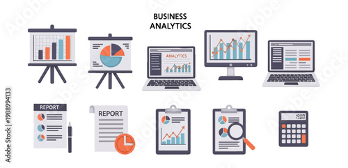 Business and finance icons and charts illustration for data analysis