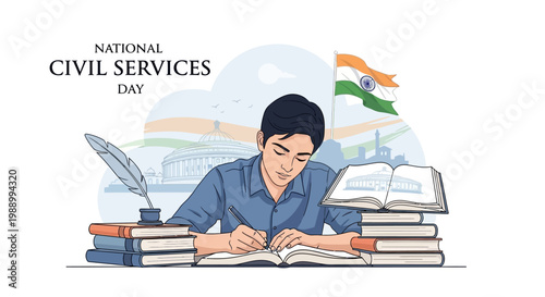 A focused illustration commemorates National Civil Services Day in India, depicting a civil service officer writing with a quill pen on a book-filled desk against an Indian flag backdrop