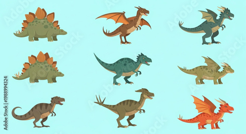 Collection of cartoon dinosaurs and dragons in various poses.