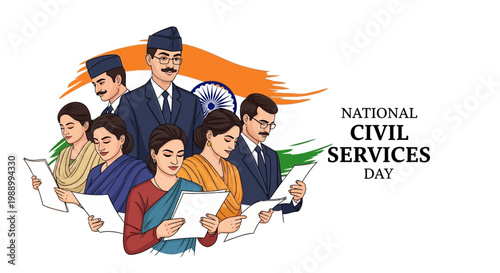 Vector illustration for National Civil Services Day in India featuring government officials in uniform holding documents against the Indian flag, rendered in a clean, professional style
