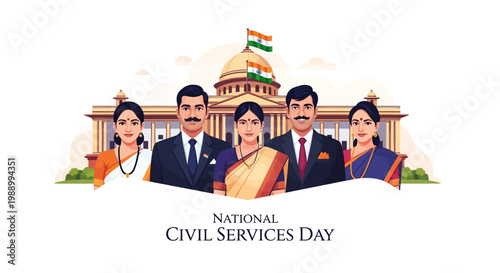 Vector illustration commemorating India's National Civil Services Day, featuring a group of civil servants in formal attire, with the Indian flag atop a government building, set