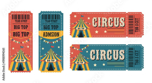 Collection of retro circus tickets featuring classic big top tents, colorful flags, and admission details for a nostalgic entertainment show