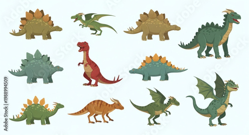 Collection of diverse cartoon dinosaurs and dragons in various poses.