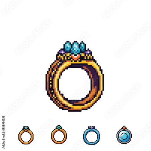 A collection of pixel art rings featuring a detailed gold ring with blue gemstones alongside four smaller, distinct ring designs at the bottom.