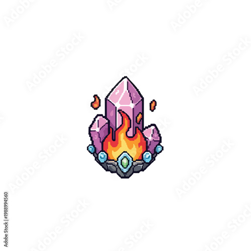 A vibrant pixel art vector of glowing pink magic crystals set within burning flames and an ornate, gem-encrusted decorative base.