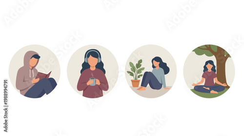 Four circular icons illustrating people engaged in various relaxing activities like reading, listening to music, contemplating, and meditating.