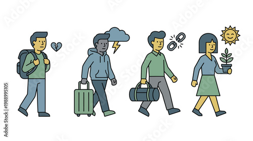 Four diverse people walking with various bags and symbolic icons representing different life journeys and emotional states, in a flat illustration style.