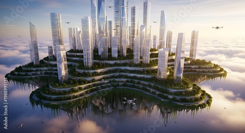 A breathtaking futuristic metropolis, with glass skyscrapers and verdant terraced landscapes, gracefully hovers above a beautiful cloud formation.