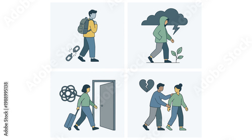 Four illustrations depicting various emotional struggles including separation, heartbreak, mental distress, and moving on from difficult situations.