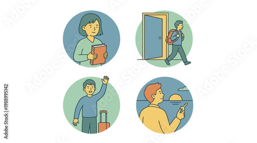 Four circular illustrations depicting various human activities and states, including work, departure, travel, and contemplation.