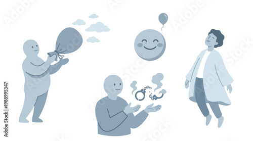 Illustrative depiction of people experiencing freedom, release, and happiness, with symbols of letting go and breaking free from constraints.