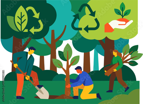 Community volunteers actively working to plant trees and practice sustainable forestry, emphasizing ecological responsibility and the importance of recycling for a greener future