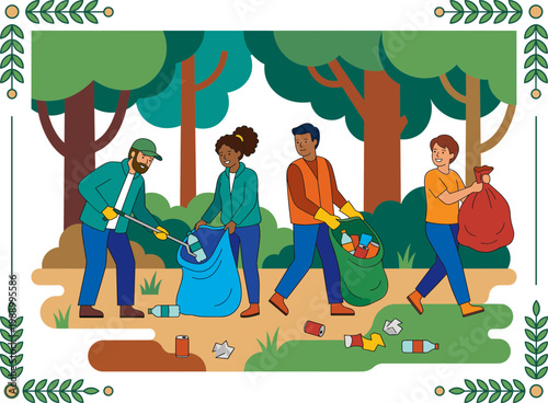 Volunteers cleaning up a park, removing trash and recycling plastic bottles to protect the environment and promote sustainability
