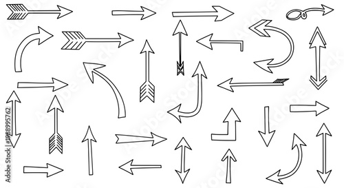 Arrows hand drawn set with black curved lines and straight pointed shapes featuring vector, illustration, graphic with design and elements elements