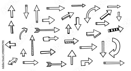 Arrows hand drawn set with black curved lines and various styles featuring vector, illustration, collection with direction and movement elements for