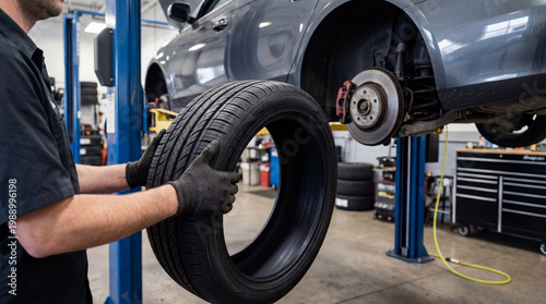 Car tire replacement in auto repair shop with mechanic holding new tire near lifted vehicle, showing brake disc and suspension, professional service environment