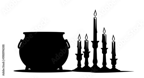 Cauldron black silhouette with five candle holders and burning flames for Halloween or witchcraft themes