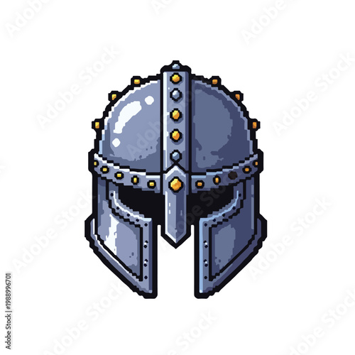 This pixel art vector illustration features a medieval steel helmet with gold rivets and a nasal guard against a plain white background.