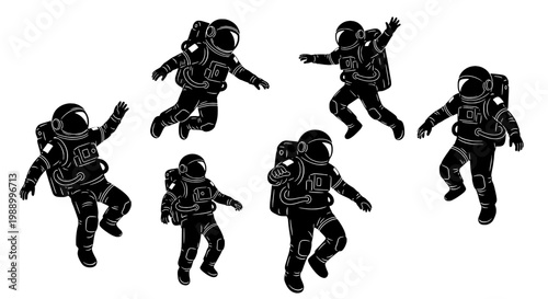 Astronaut spacewalk icons pack with retro silhouette style, floating poses and suit details for science education graphics