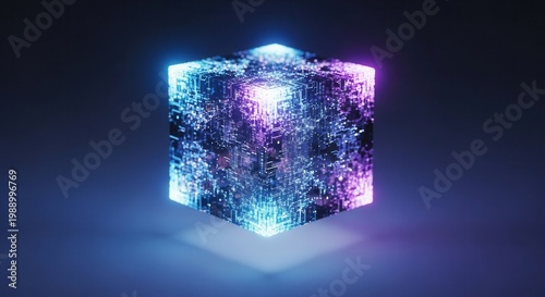 An illuminated futuristic quantum data cube, glowing with abstract digital patterns representing