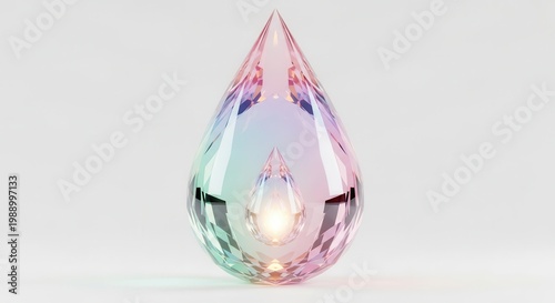 Ethereal Iridescent Faceted Crystal Tear Drop with Inner Radiant Light on White Background