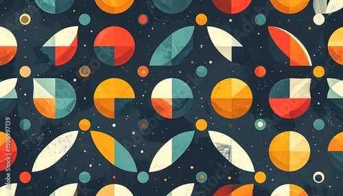 Abstract geometric pattern with circles and arcs in a dark, textured background