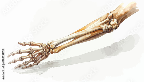 Anatomical illustration of the human arm and wrist bones, detailed skeletal structure