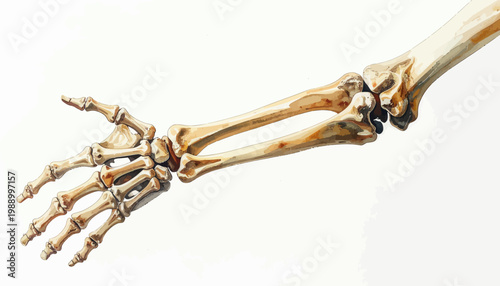 Close-up detailed illustration of the human hand and forearm skeletal anatomy on white