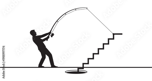 Staircase Fisher Silhouette vector illustration businessman uses a fishing rod to pull a staircase out of a ground hole, symbolizing an individual's strategic effort and perseverance.