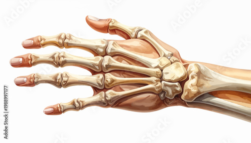 Close-up medical illustration of human hand anatomy, revealing intricate bone structure and joints