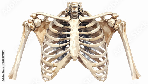 Anatomical illustration of the human rib cage with shoulder girdle, front view