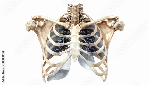 Detailed anatomical illustration of the human chest cavity, ribs, lungs, and diaphragm for medical education