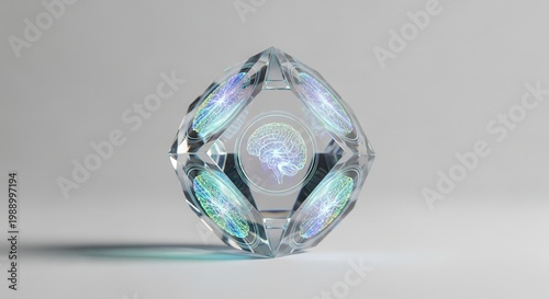Futuristic crystal cube housing an illuminated digital brain representing artificial intelligence