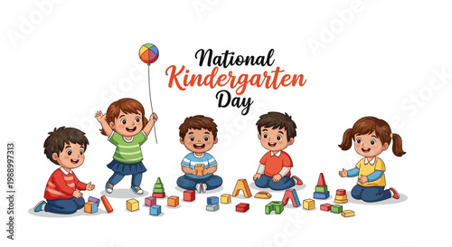 Colorful vector illustration depicting National Kindergarten Day, showcasing cheerful children actively playing with building blocks in a bright classroom setting, fostering a playful