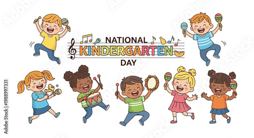 A cheerful group of kindergarten students joyfully play musical instruments around a 'National Kindergarten Day' message in a colorful classroom illustration with a playful education