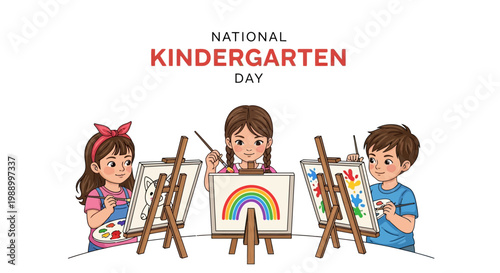 Cheerful National Kindergarten Day vector illustration depicting three young children joyfully painting on easels against a clean white background, showcasing playful education and creative