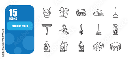Vector line icons illustrating a comprehensive array of cleaning tools and household supplies, perfect for hygiene, sanitation, and tidiness projects