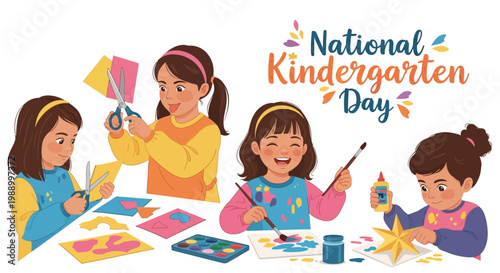 A colorful classroom illustration depicts children joyfully engaging in playful education activities with a teacher, painting and cutting paper for National Kindergarten Day in a cartoon