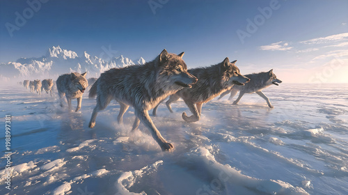 Pack of wolves running across snowy Arctic landscape at sunrise