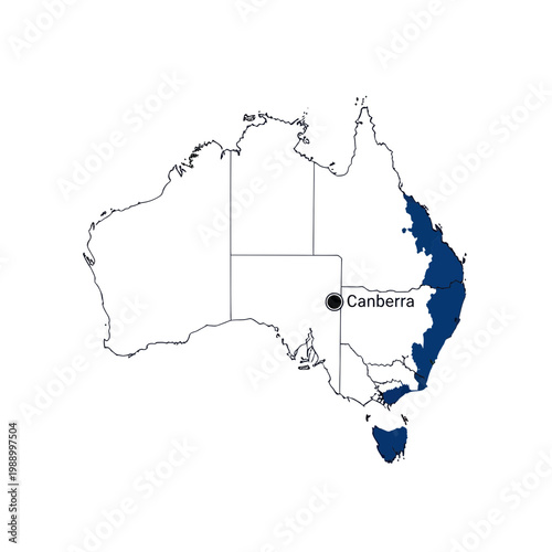 Australia Map with Eastern Coast Highlighted and Canberra Marked