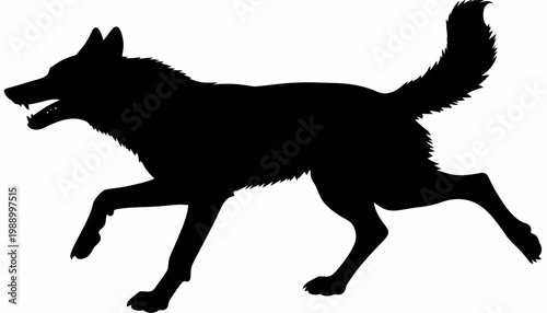 Silhouette of a wolf in motion against a white background, dynamic running pose