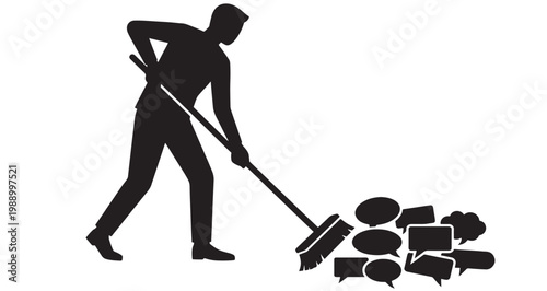 Silence Sweeper Silhouette vector graphic design portrays a focused individual's silhouette meticulously sweeping a chaotic collection of speech bubbles using a broom, sweeping, broom, person.