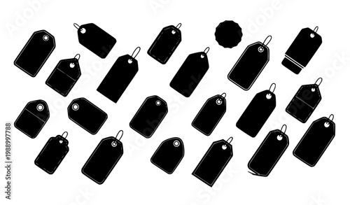 Price Tag Silhouette Icon Set with Various Retail Label Designs for Shopping Graphics, Discount Symbols, E Commerce Elements and Sale Promotion Concepts