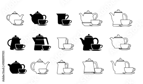 Teapot and Cup Icon Set with Various Tea and Coffee Serving Designs for Beverage Illustration, Cafe Graphics, Kitchen Elements and Drink Concepts