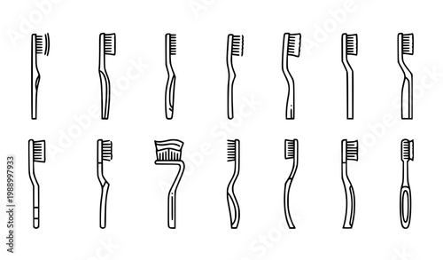 Toothbrush Icon Set with Various Handle and Head Designs for Dental Care Illustration, Oral Hygiene Graphics and Personal Health Concepts