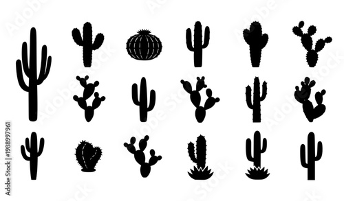 Cactus Silhouette Icon Set with Various Desert Plant Shapes for Nature Design, Western Theme Graphics, Succulent Illustration and Arid Landscape Elements