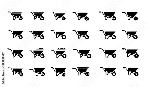 Wheelbarrow Icon Set with Construction and Gardening Cart Variations for Building Industry Design, Farm Tools Illustration and Equipment Graphics