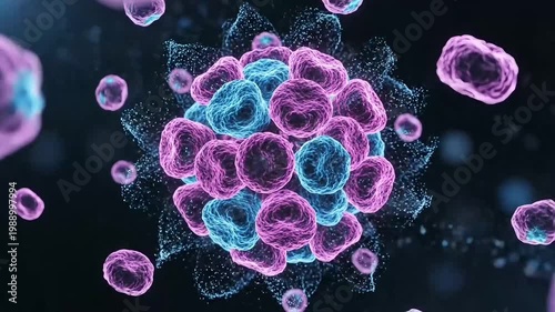 A video showcasing a cluster of vibrant purple and blue cells in a dark background, illustrating a scientific concept in a visually striking way.