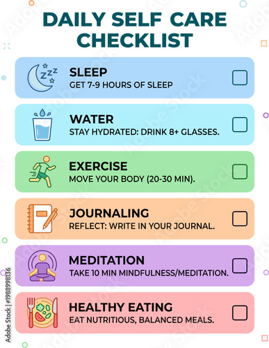 A daily self-care checklist poster displays six essential habits for well-being including sleep, water intake, exercise, journaling, meditation, and healthy eating.