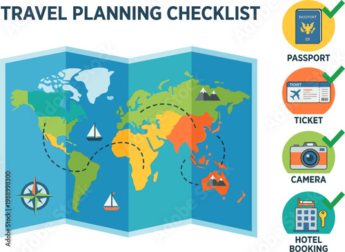 A travel checklist on a world map with icons for passport, ticket, camera, and hotel booking.